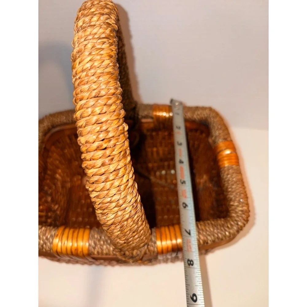 Vintage Woven Wicker Basket with Seagrass Wrapped Handle Rectangular Brown Decor